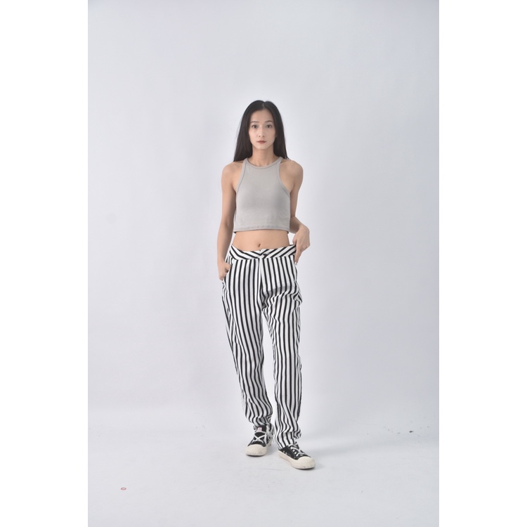 (M) pazzo高腰質感條紋白色長褲二手衣, , large