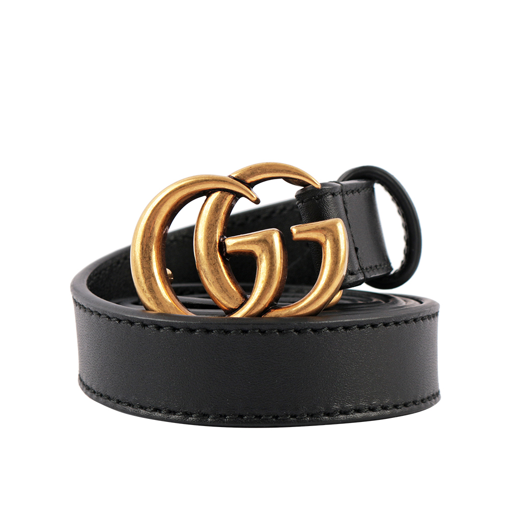 GUCCI 小雙G霧金logo牛皮2CM寬皮帶75cm/黑色, , large
