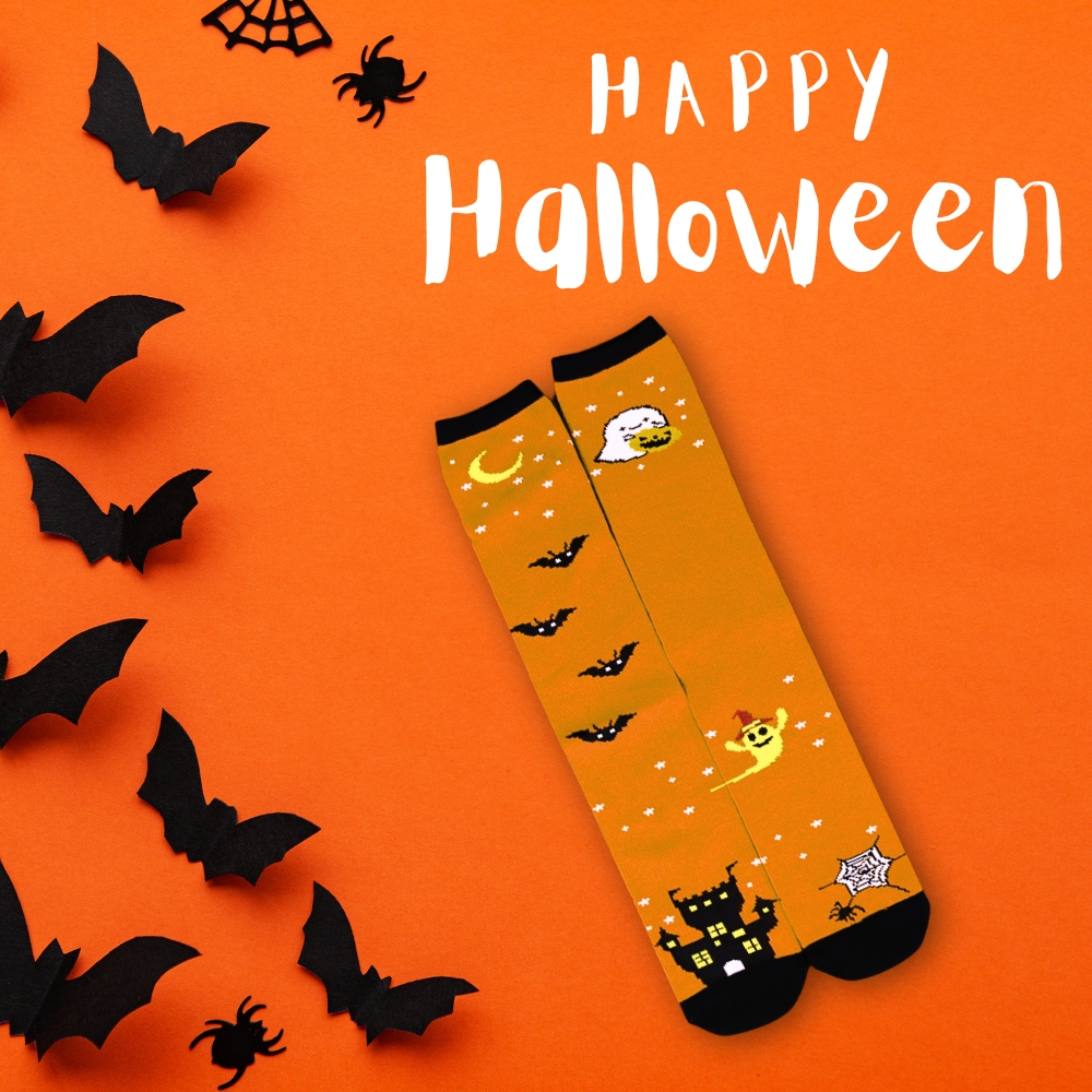 【WAJI】 萬聖節主題襪 半統襪-橘色月亮蝙蝠 台灣製造 兒童款 襪子 童襪 棉質, , large