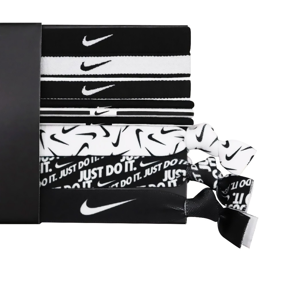 NIKE 混搭式髮帶 9入 運動髮帶 髮圈 健身 訓練 跑步 戶外 時尚 多樣式 彈性 舒適 矽膠條 防滑 止滑 黑白, , large