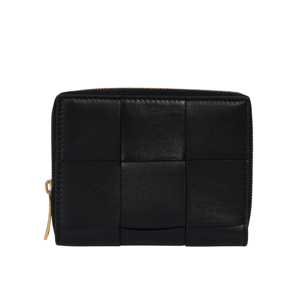 BOTTEGA VENETA 新款大格小羊皮及小牛皮編織拉鍊短夾/黑色