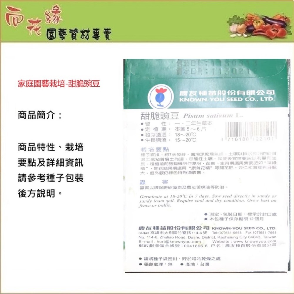 【向花緣】農友 甜脆豌豆 - 豆類種子, , large