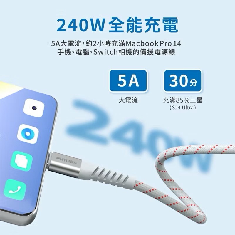 【Leo手機周邊專賣店】 PHILIPS飛利浦 不打結磁吸收納線 / Type C-Type C / 白色, , large