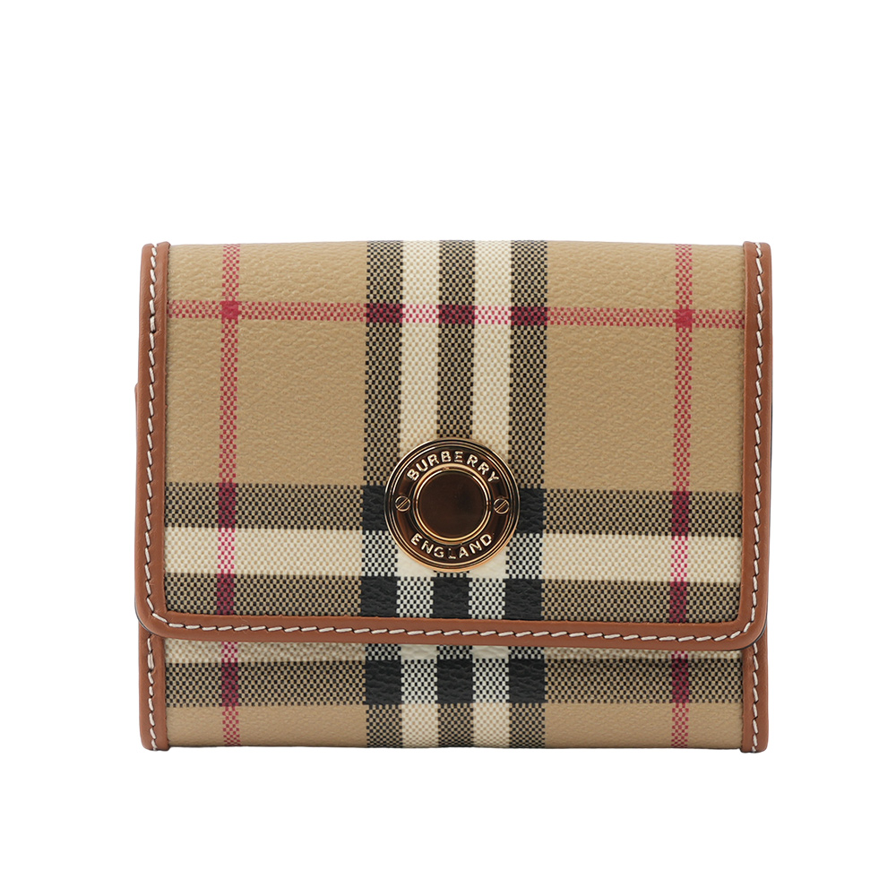 BURBERRY 經典格紋及牛皮三折短夾/經典米色, , large