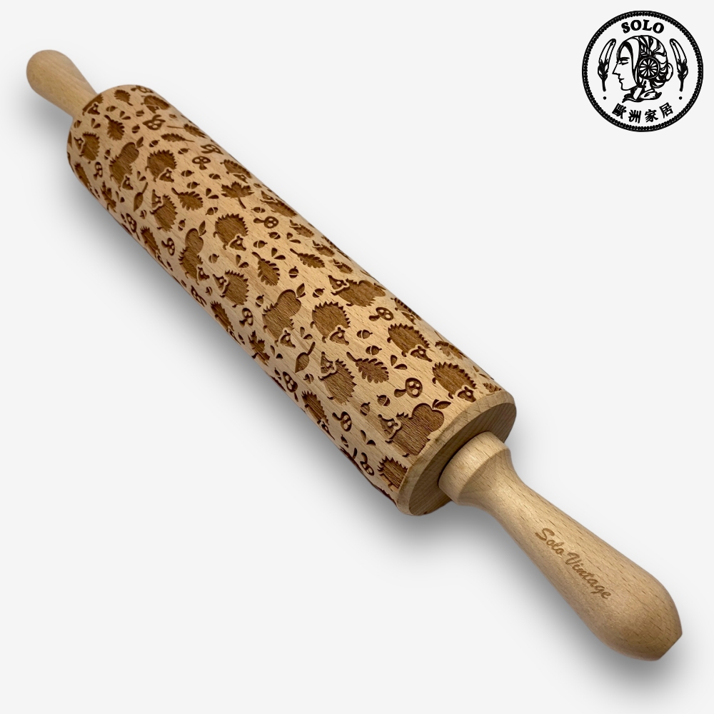 【SOLO Vintage】Hedgehog Rolling Pin 43CM Embossed Natural European Wood Made in Poland, , large