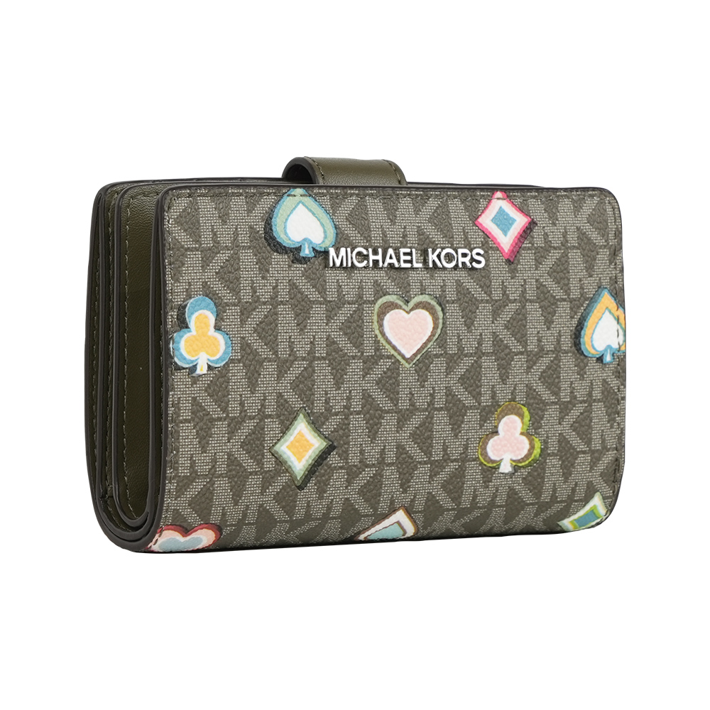 Michael Kors Jet Set 撲克牌花色塗層帆布釦式中夾(橄欖綠), , large