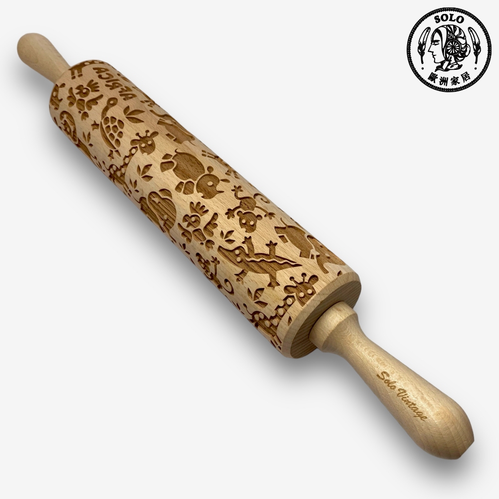 【SOLO Vintage】Animals of Africa Rolling Pin 43CM Embossed Natural European Wood Made in Poland, , large