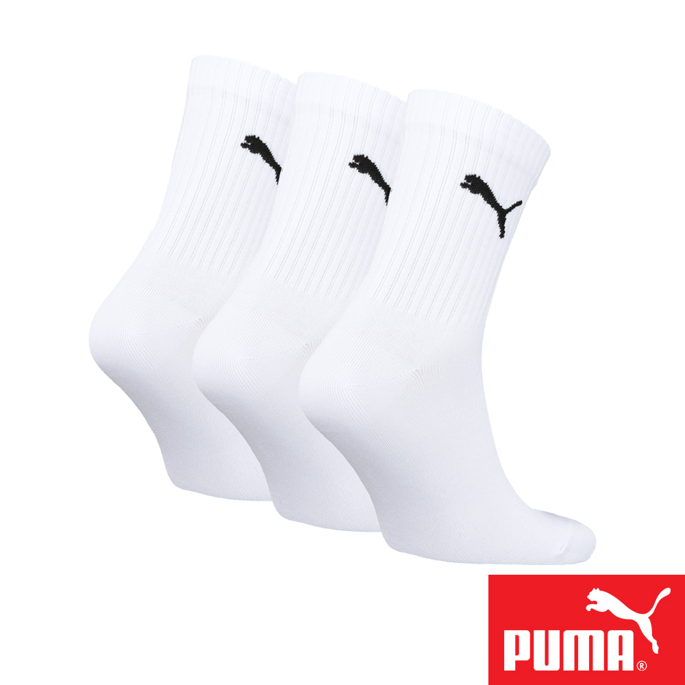 PUMA 男女款中短筒襪3雙裝 彪馬 跳豹 男襪 女襪 襪子 運動襪 小腿襪 棉襪 柔軟 棉質 舒適 高彈 耐磨 黑 白, 白,39-42(EU)/25-27(cm), large