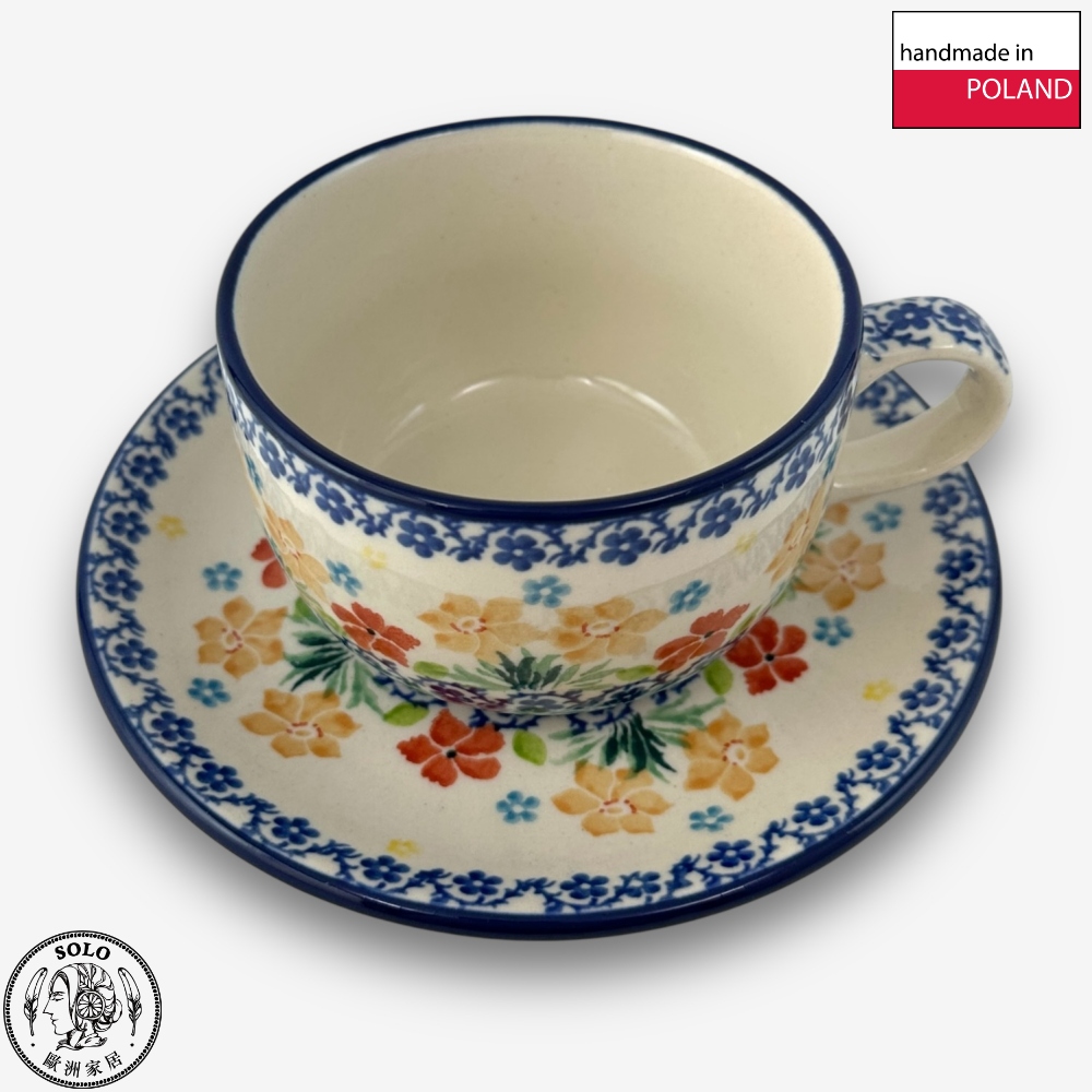 【SOLO Vintage】CA Polish Pottery 200ml Coffee Cup + Saucer Set Spring Blossoms Dance Series Made in Poland, , large
