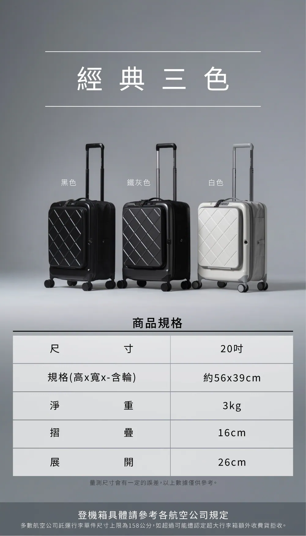 【鋼鐵灰】✈️【BIGGER】20吋⚡菱格紋前開摺疊箱：旅行、出差，前開＋可摺疊！行李太佔空間？這咖 20 吋直接摺起來收（3 色可選！奶霜白／曜石黑／鋼鐵灰）, , large