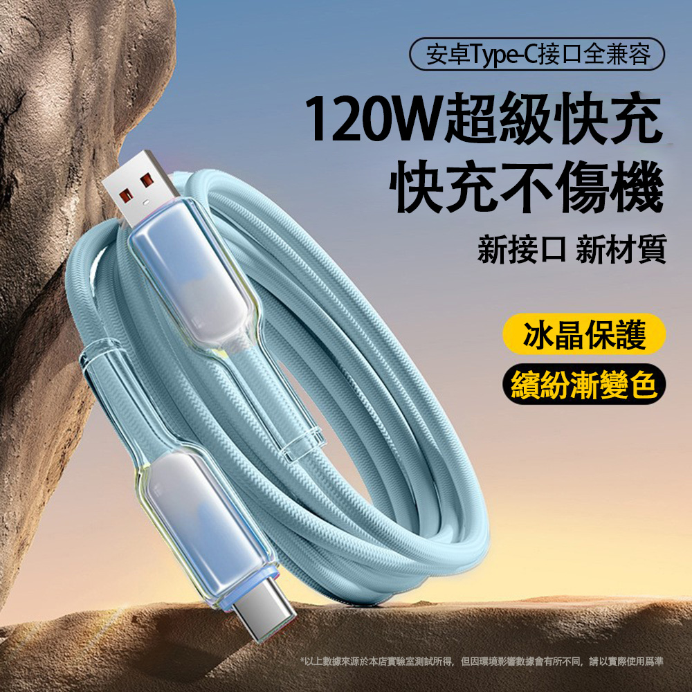 [Lele] 120W Ice Crystal Head Colorful Braided Fast Charging Cable USB to TYPE-C1M Gradient Blue, , large