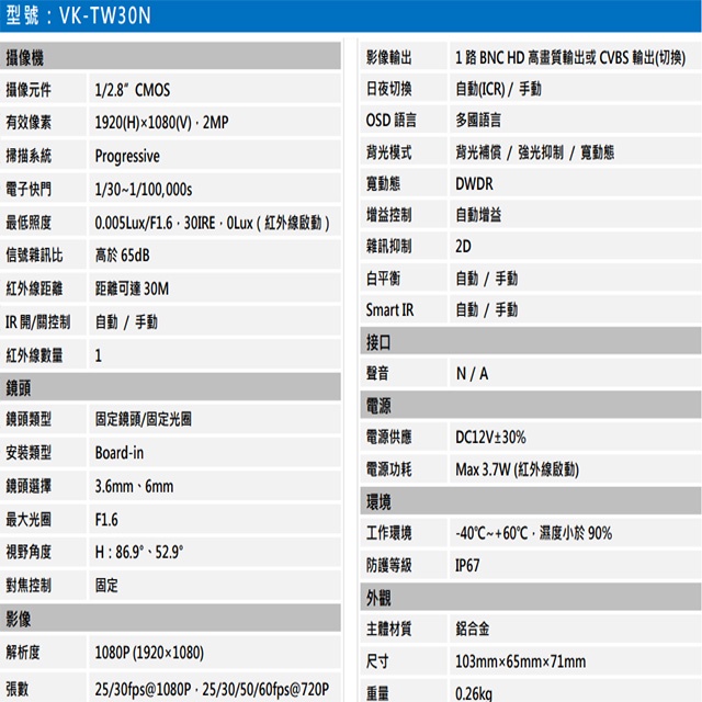 昌運監視器 SAMPO聲寶 VK-TW30N 200萬 星光級 四合一紅外線攝影機 紅外線30M(以替代款出貨), , large