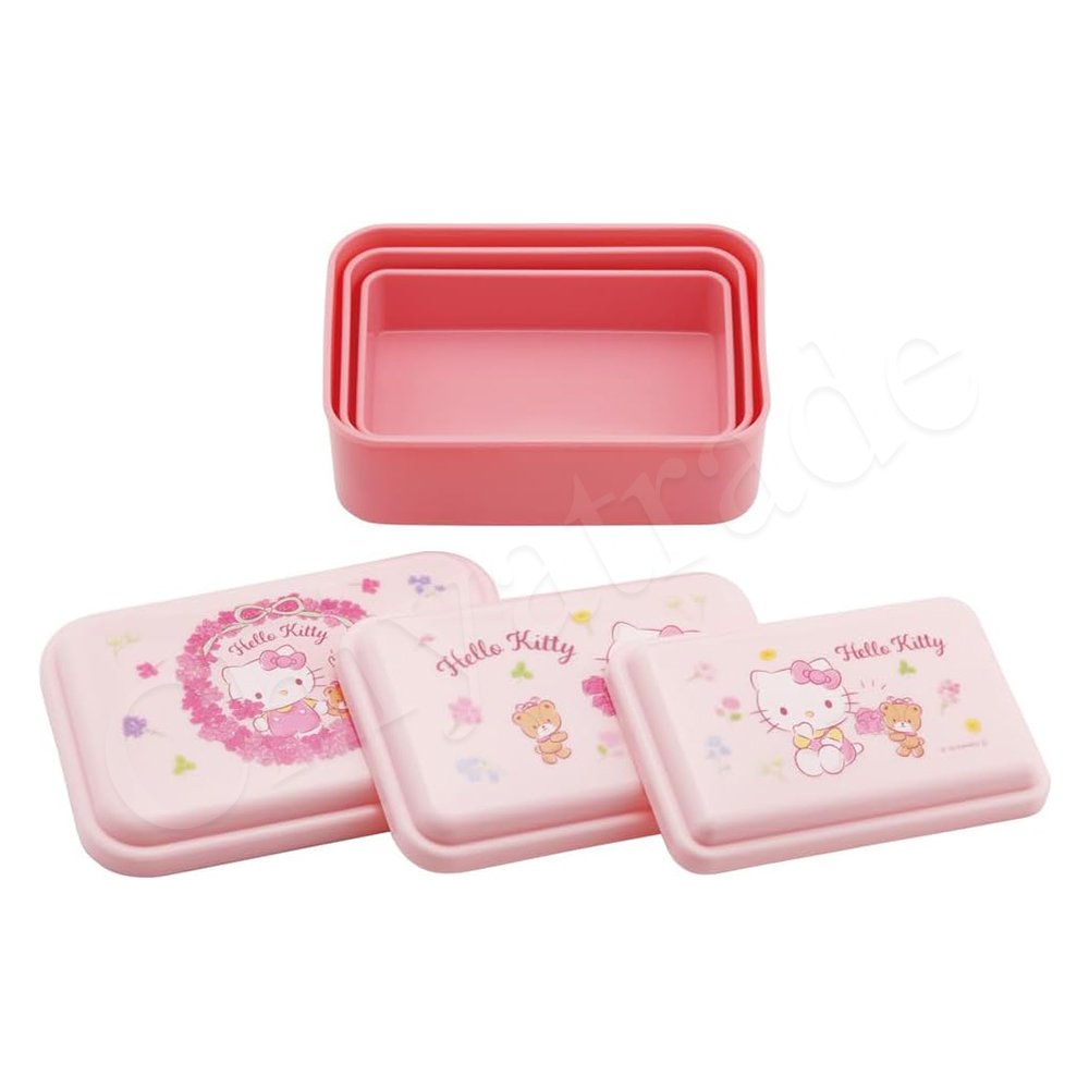 【百科良品】日本製 Hello Kitty凱蒂貓 粉花圈 便當零食盒 保鮮餐盒 抗菌加工Ag+(三件組), , large