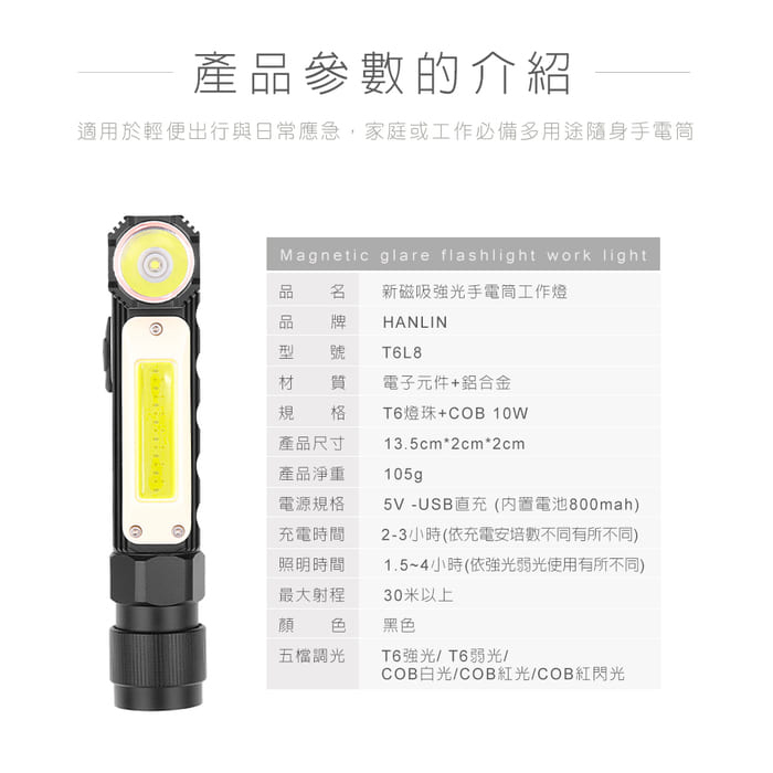 [HANLIN]-T6L8 新磁吸強光手電筒工作燈 COB USB直充#頭燈帶 T6 LED 警示燈 露營燈 閃光燈 頭燈 USB, , large