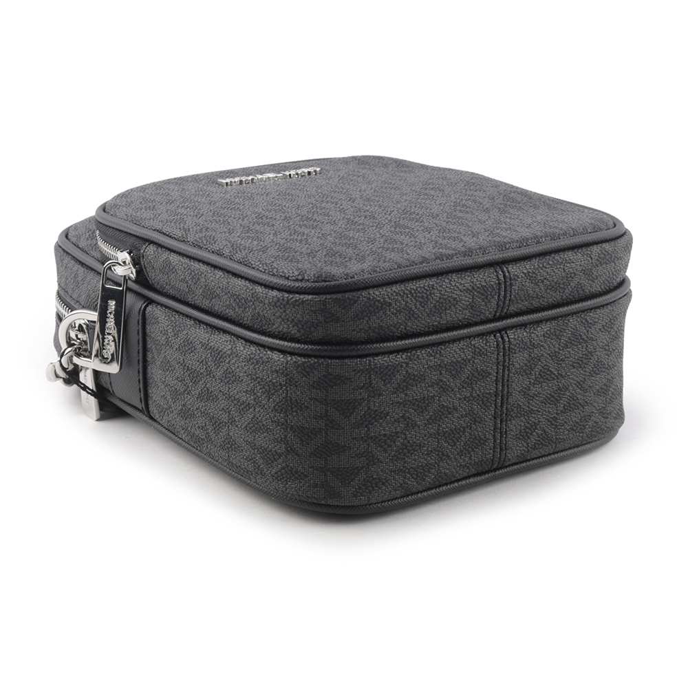 Michael Kors 銀字滿版塗層帆布拉鍊中款直式斜背包/黑色, , large