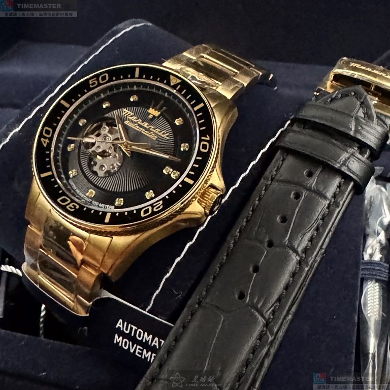 [星晴錶業]MASERATI手錶,44mm,R8823140003黑色雙面機械鏤空錶面金色錶殼金色精鋼錶帶款, , large