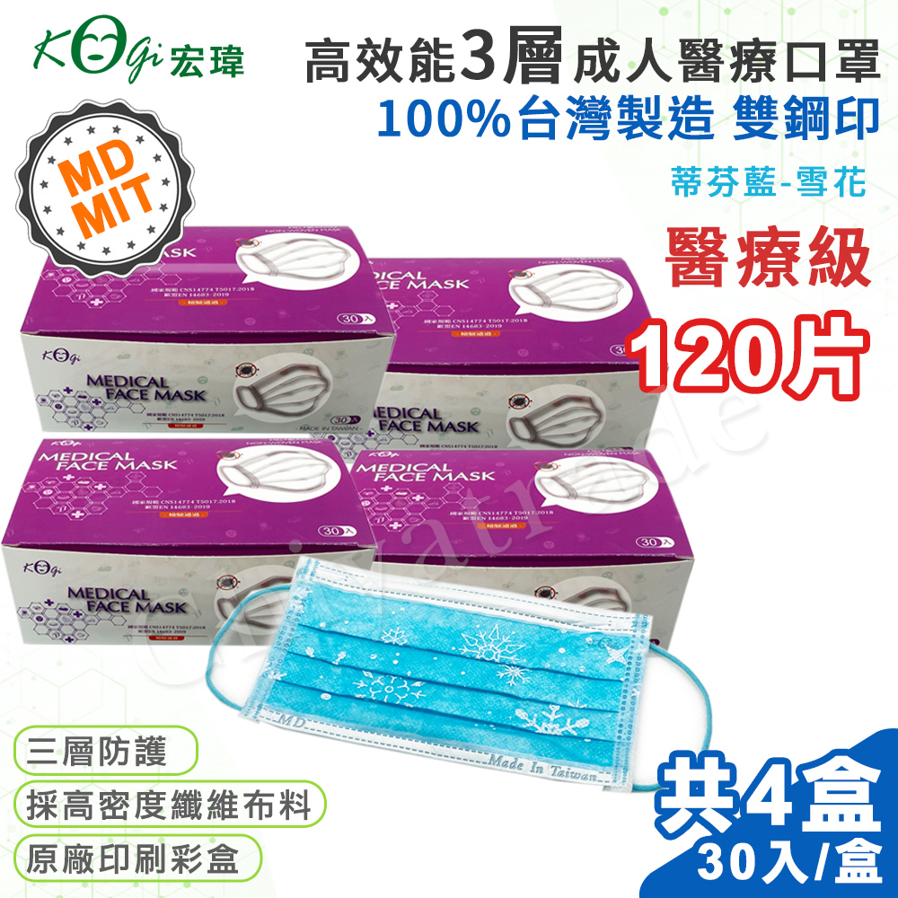 【宏瑋】台灣製 MD+MIT 雙鋼印 高效能三層不織布 醫療級 醫用成人口罩 120入(蒂芬藍-雪花), , large