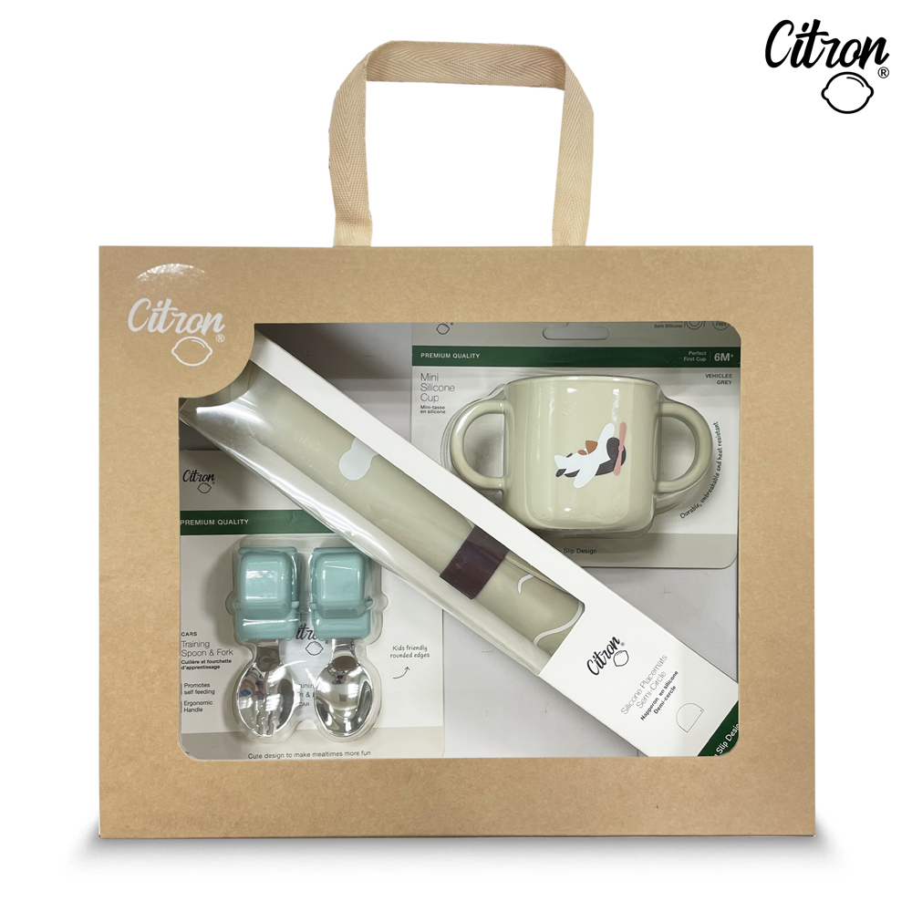 【Citron】幼兒餐具禮盒(交通工具-迷你矽膠杯+矽膠餐墊+幼兒餐具兩件組湖水綠), , large