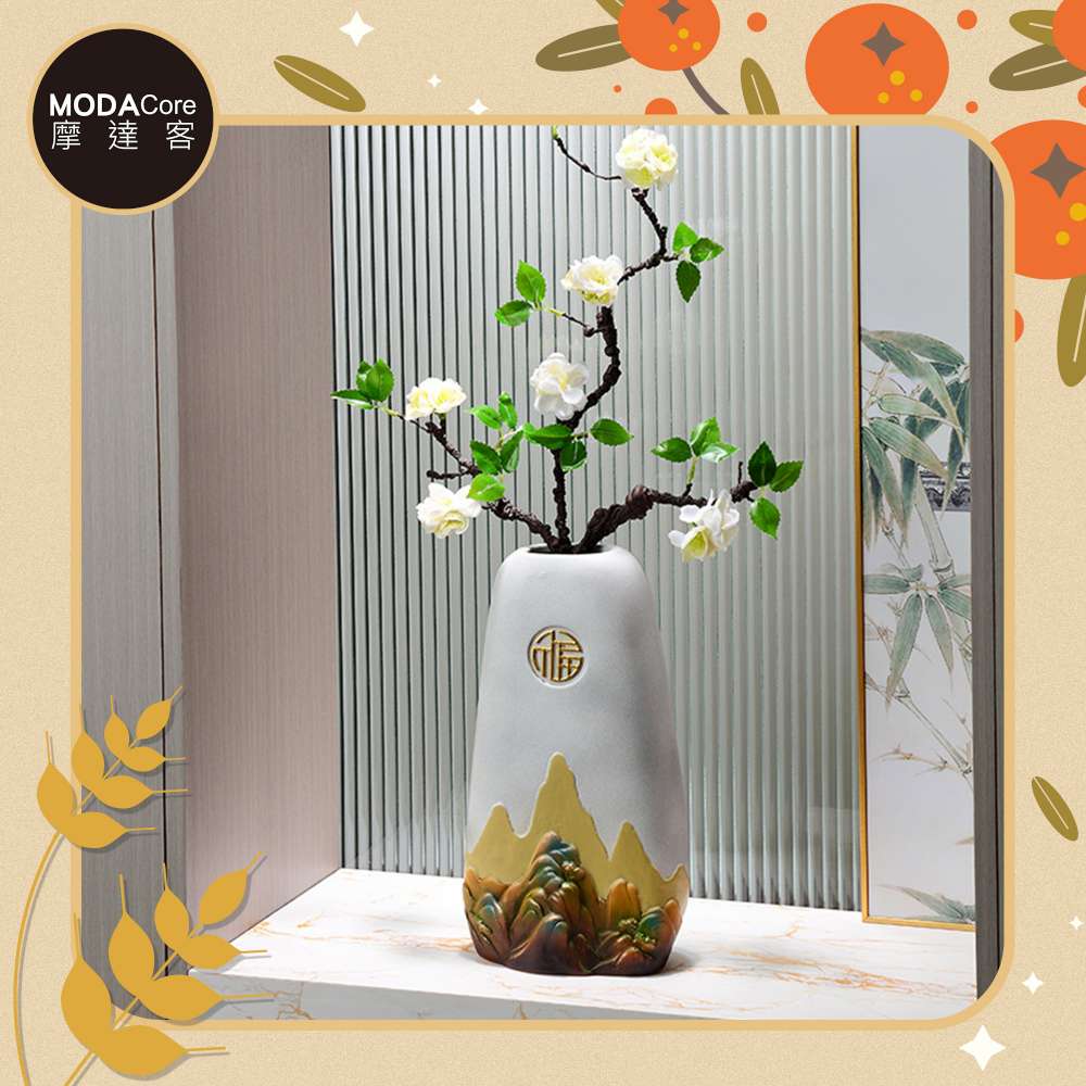 摩達客◉開運招財◉高檔優雅聚財納福風水靠山精緻陶瓷花瓶設計擺飾-大型款 插花 玄關客廳適用, , large