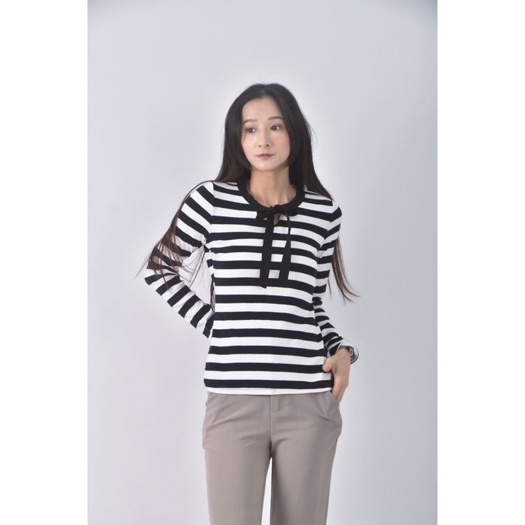 (S) easy zone質感棉質條紋黑色長袖上衣二手衣, , large