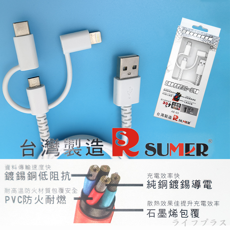 micro / Type-c / 蘋果三合一手機石墨烯快充電線-1M-1入, , large