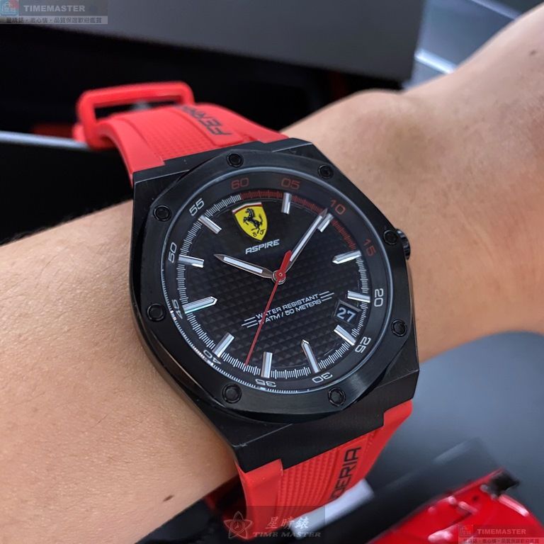 [星晴錶業]FERRARI手錶,42mm,FE00002黑色錶面黑錶殼紅矽膠錶帶款, , large