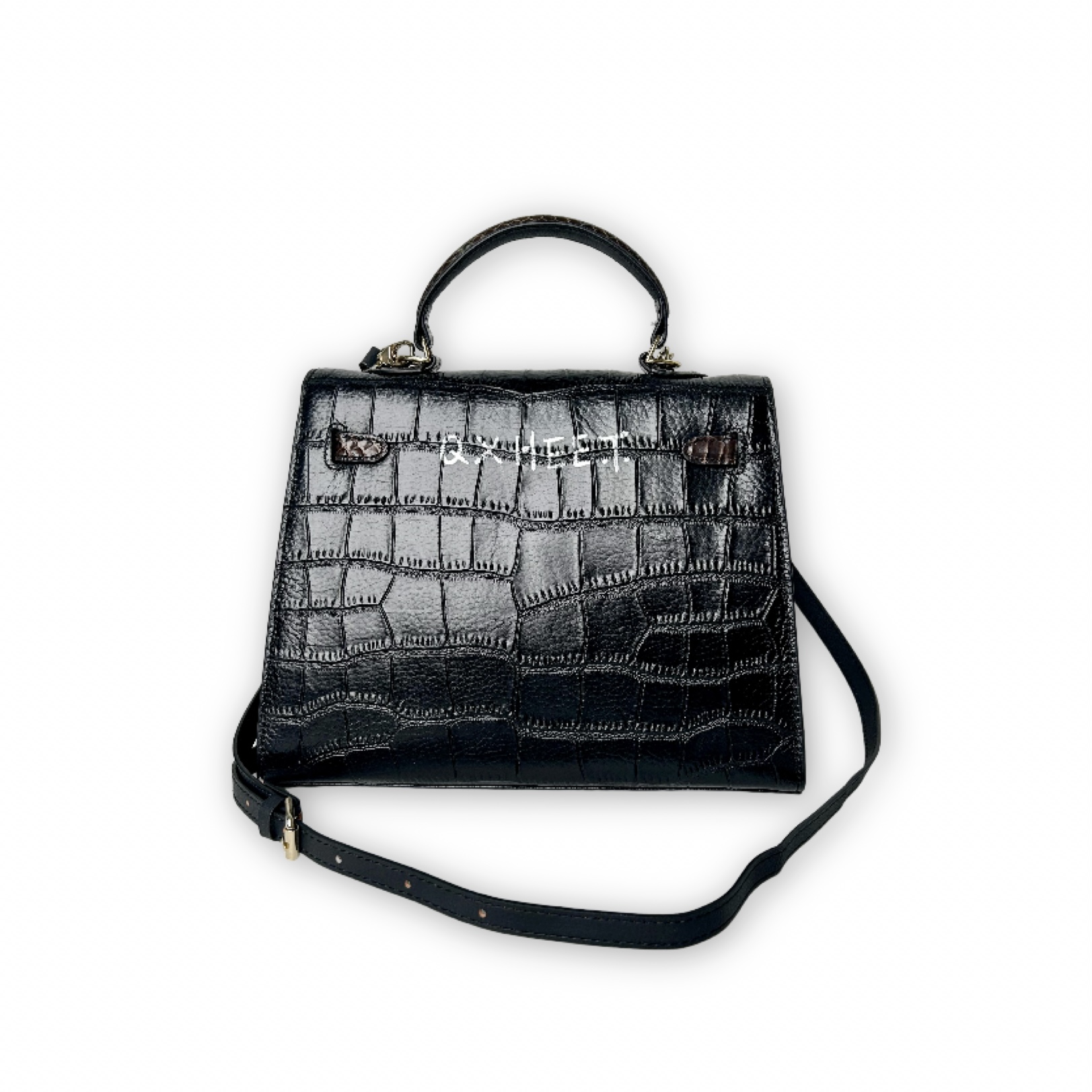 Shoulder-carryable imitation snakeskin painted bag black (L), , large