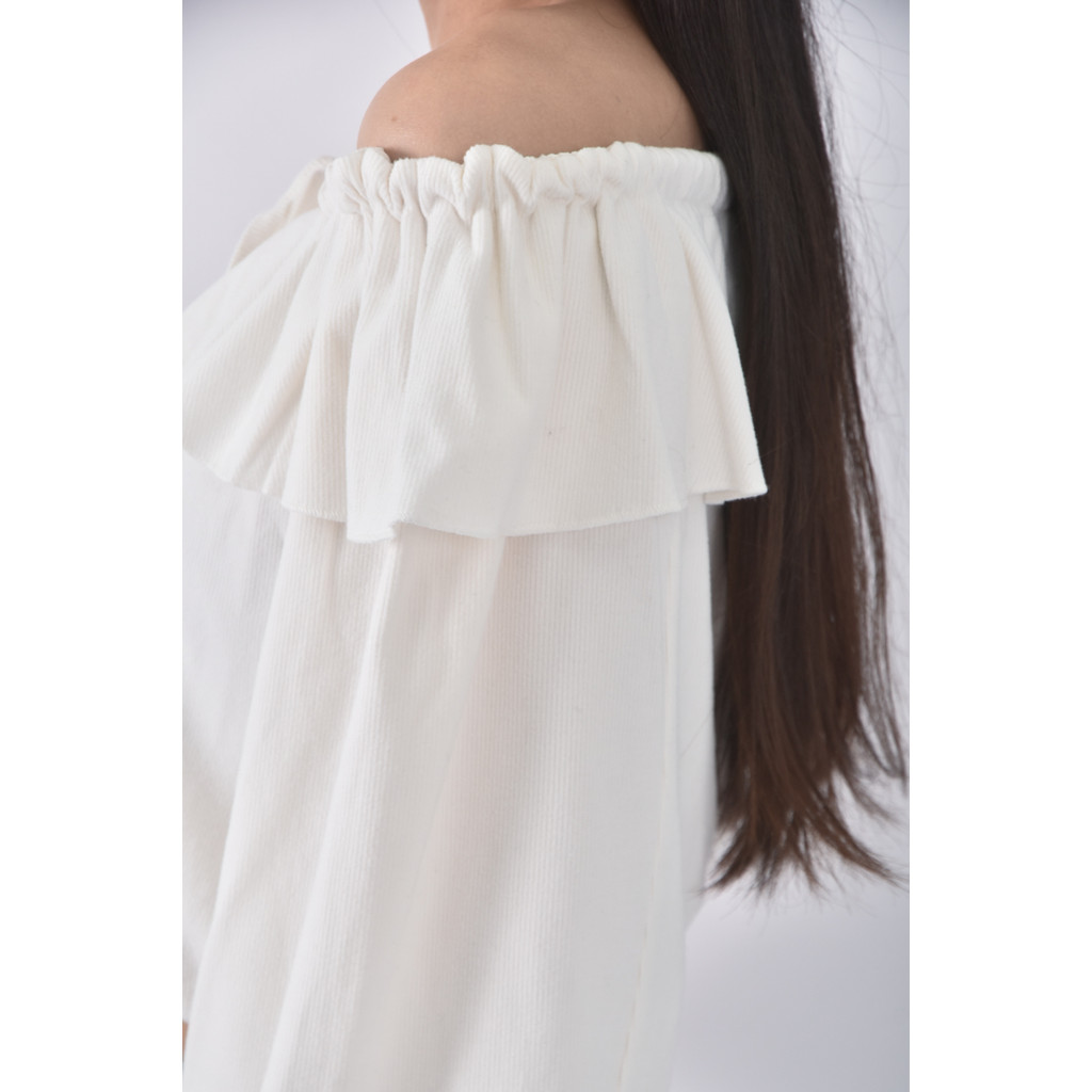 (S) 質感修身短版一字領白色長袖上衣二手衣, , large