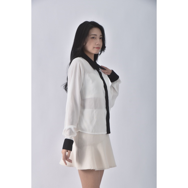 (S) mercci22拼接棉領白色襯衫上衣二手衣, , large