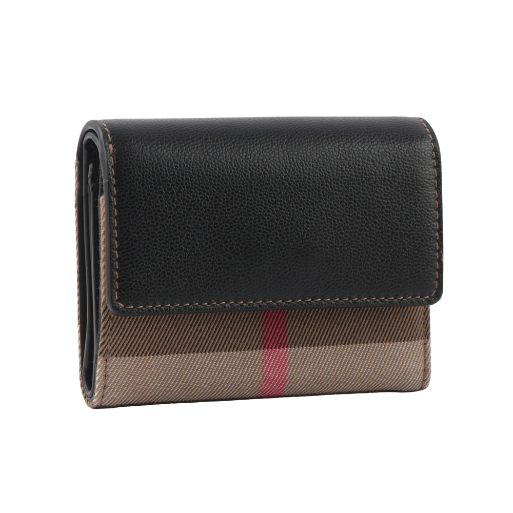 BURBERRY Lancaster 牛皮及帆布格紋三折短夾/黑色/棕色, , large