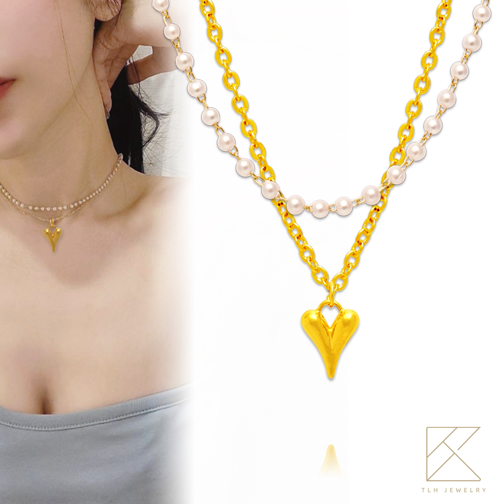 【TLH】珍珠項鍊黃金墜 純金999  月影星耀  復古雙層 約重0.09錢±0.01, , large