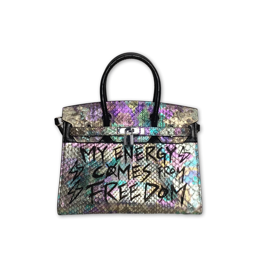 Special Graffiti Shiny Leather Birkin Handbag Black Gray (L), , large