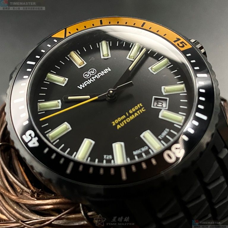 [星晴錶業]WAKMANN手錶,42mm,WA00033黑色錶面黑錶殼深黑色矽膠錶帶款, , large