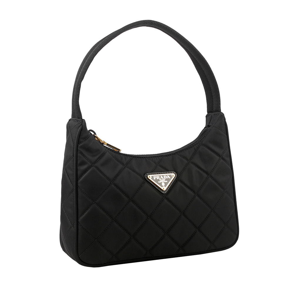 PRADA 金色三角牌Logo 菱格紋尼龍迷你手提包/黑色, , large