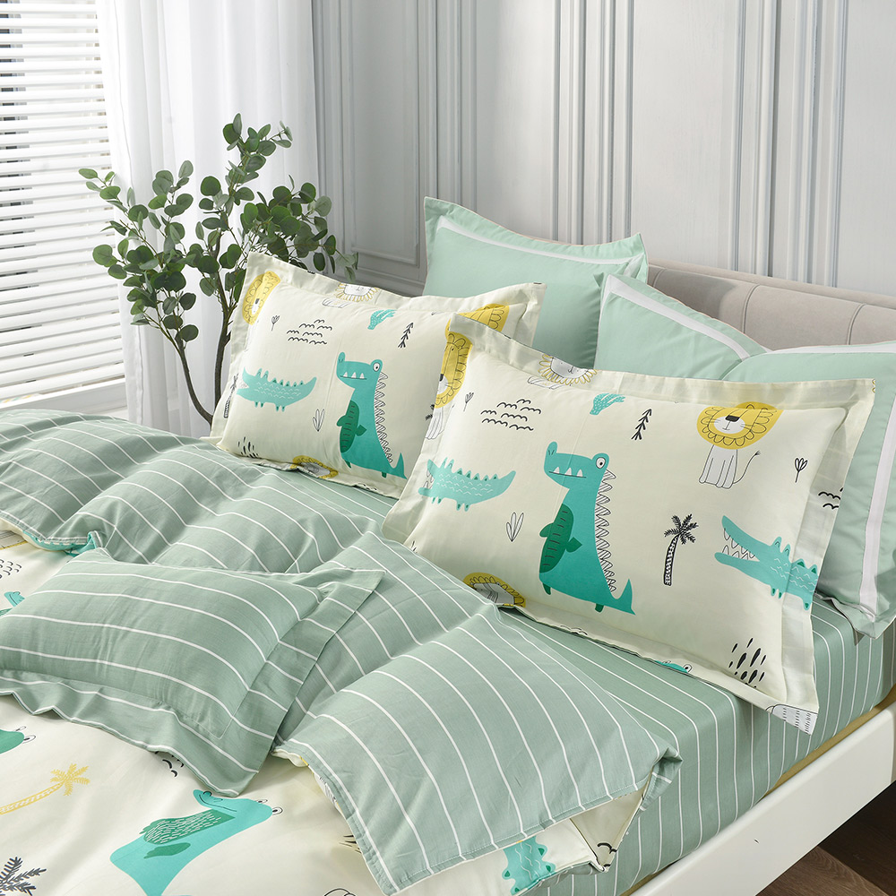 【Betrise】Crocodile Jumping | Environmentally friendly printing and dyeing anti-mite and antibacterial 100% combed cotton dual-purpose quilt and bed sheet set - Large, , large