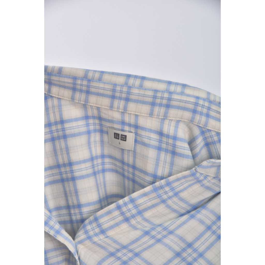 (L) uniqlo排扣格紋藍色襯衫上衣二手衣, , large