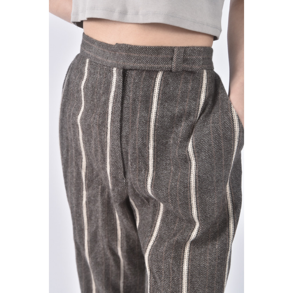 (M) 台北原創高腰羊毛條紋棕色長褲二手衣, , large