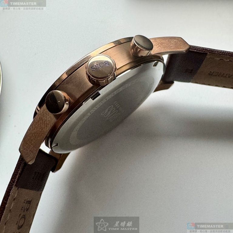 [星晴錶業]BOSS手錶,44mm,HB1513496黑色錶面玫瑰金錶殼咖啡色真皮皮革錶帶款, , large