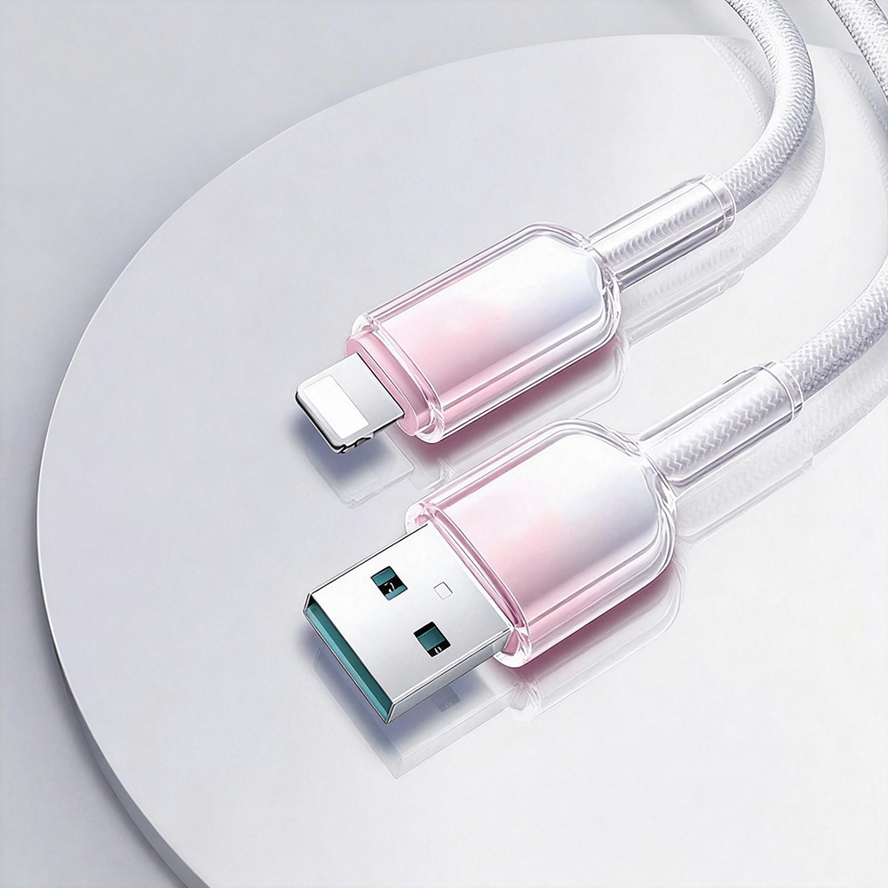 [Lele] Ice Crystal Tip Colorful Braided Fast Charging Cable USB to Lightning 1M Gray, White and Pink