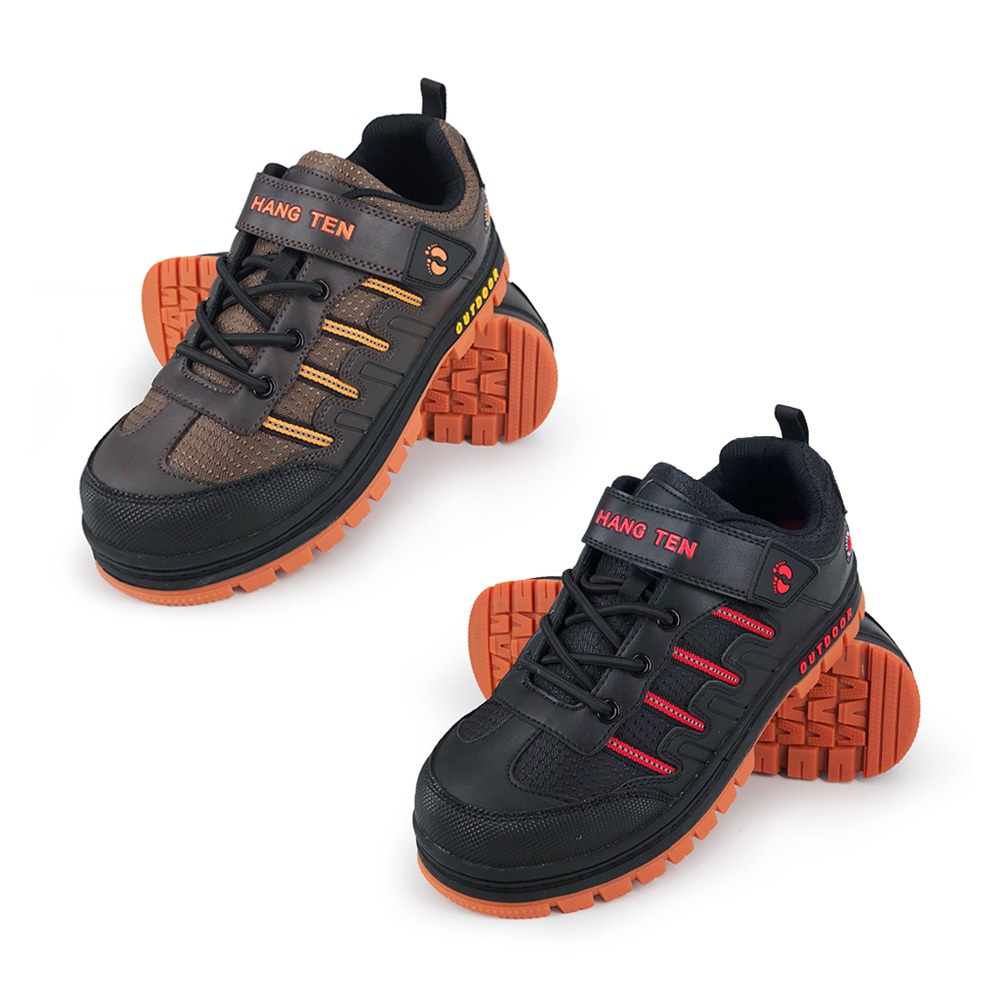HANG TEN 鋼頭運動鞋防穿刺 工作鞋 安全鞋 防護鞋 魔鬼氈 透氣 吸濕 排汗 散熱 防砸 耐磨 止滑 黑 咖啡