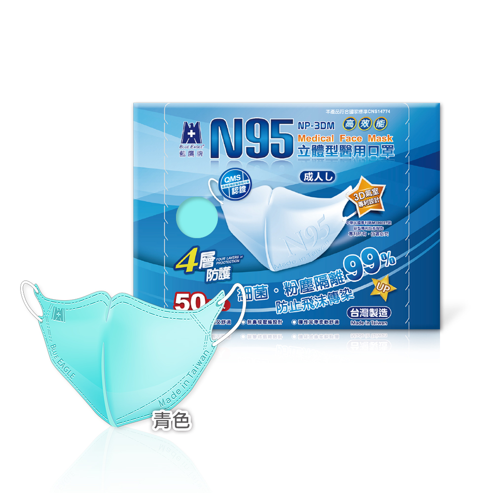 Blue Eagle N95 3D Adult Medical Face Mask 50 Pack, , large