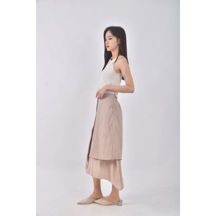 (M) pink格紋拼接棕色長裙二手衣, , large