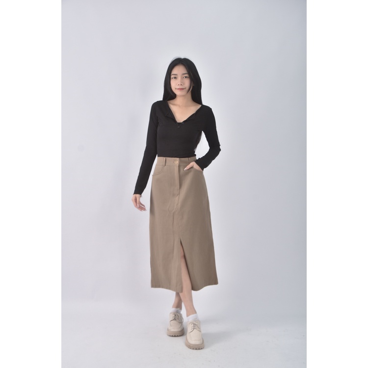 (S) 質感韓牌前開衩綠色長裙二手衣, , large