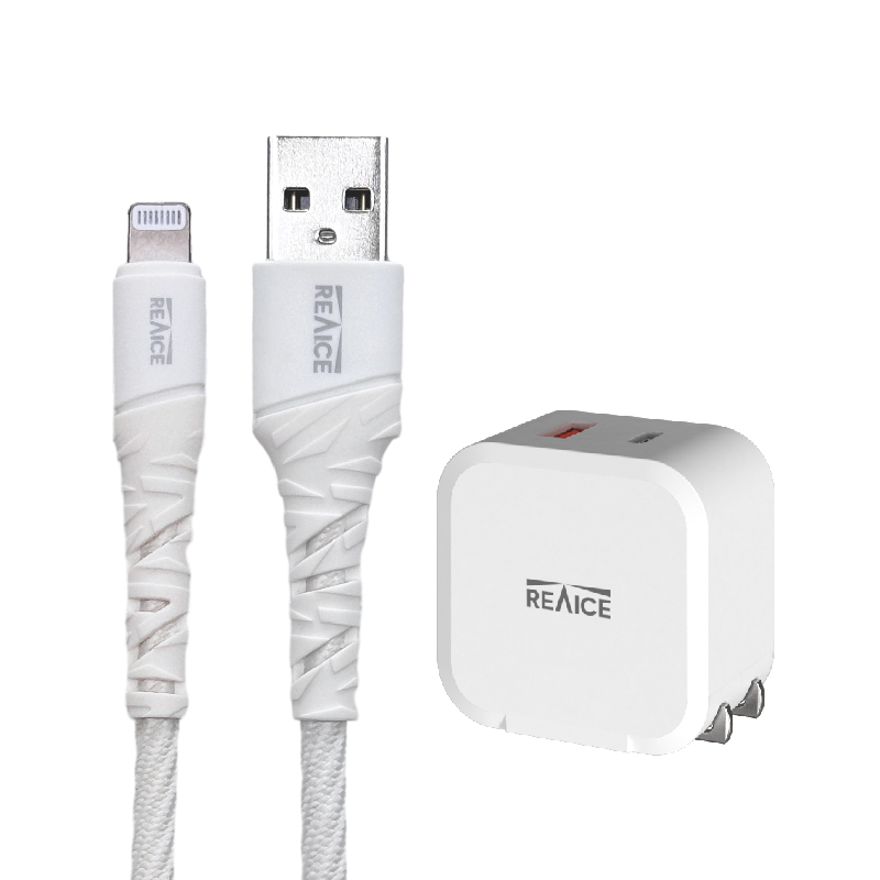 【台陞科技】REAICE PD20W雙孔1A1C充電頭+USB-A to Lightning1.2M編織充電傳輸線 充電套組/多色可選, , large