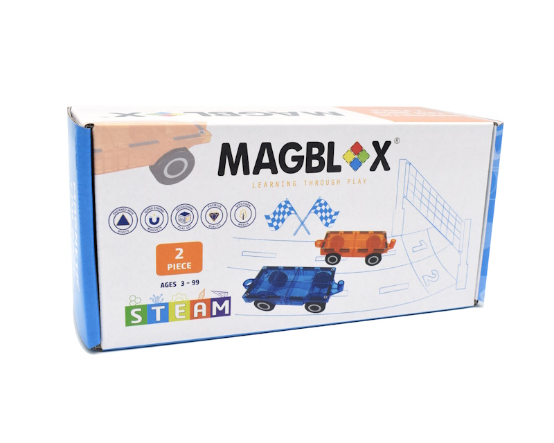 MAGBLOX® TWIN CAR PACK WITH WOODEN WHEELS VIVID ORANGE AND BLUE