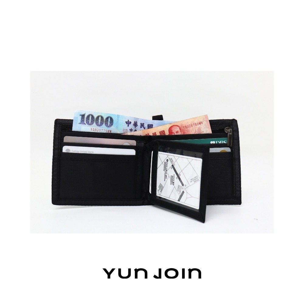 【YUNJOIN】尼龍對摺短夾-黑色 防潑水耐磨 卡片零錢收納 休閒百搭皮夾 含鑰匙圈, , large