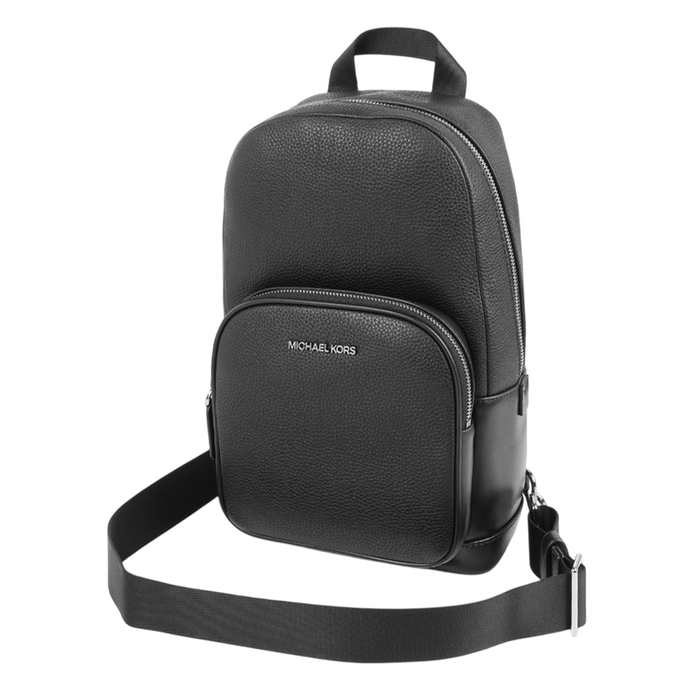 Michael Kors Cooper 銀字荔枝皮革口袋單肩背包(黑色), , large