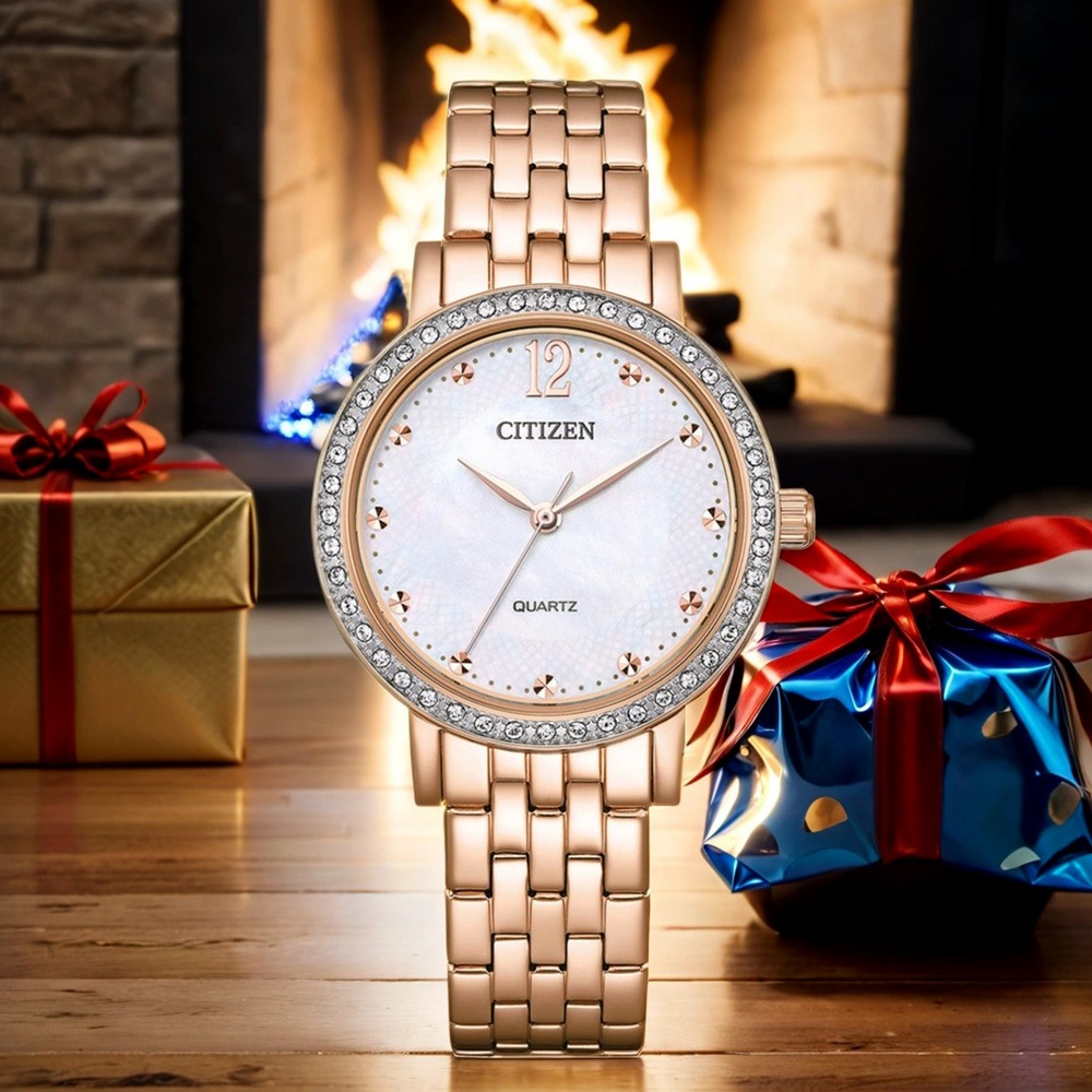 CITIZEN 星辰 晶鑽珍珠貝石英女錶-玫瑰金/31.2mm EL3108-53D, , large