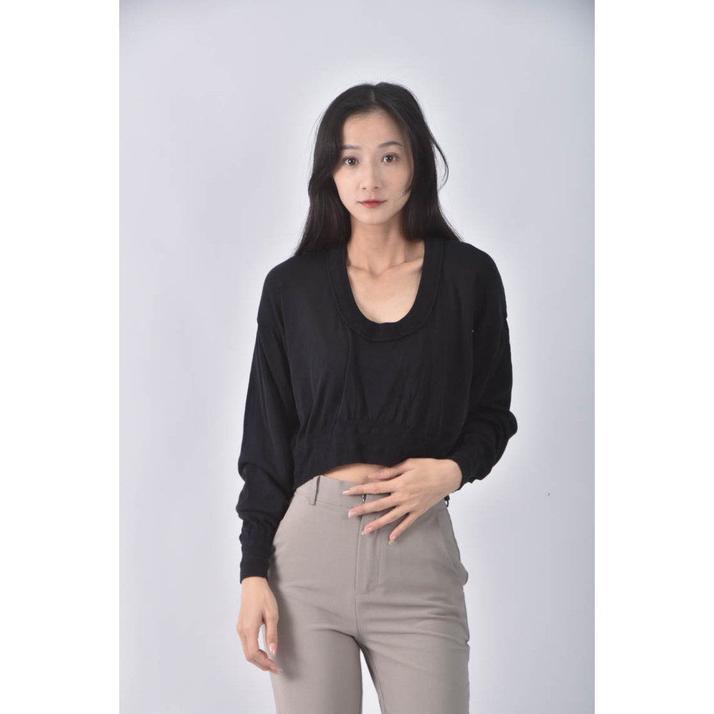 (M) 綁帶 、落肩黑色長袖上衣二手衣