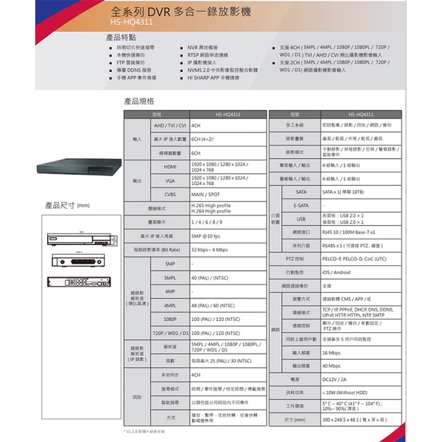 昌運監視器 昇銳 HS-HQ4311 (HS-HU4311) 5MP 4路 同軸 聲音4入1出 多合一 DVR 錄放影機, , large